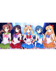 Sailor Guardian lineup under a glowing moon on an anime desk pad, 36x16 inches.