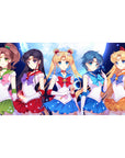 40x20 inches anime girl desk pad with five Sailor Guardians under a glowing moon on a starry backdrop.