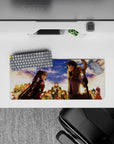 Sunset blue-and-gold anime mouse pad, 28x12 inches, warm goofy cheers and tiny hearts in the background.