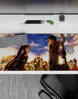 Soft blue-and-gold sunset anime desk pad 36x16 inches, warm cheers and hearts, rich print vibe.