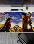 40x20 inches anime desk pad in soft blue-and-gold sunset tones, warm cheers and hearts, rich print.