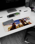 32x12 inches anime mouse pad featuring a calm red twin-tail heroine beside a glasses boy with fur collar.