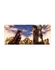 Festival scene anime mouse pad, 28x12 inches, red twin-tail girl and boy with glasses and golden staff.