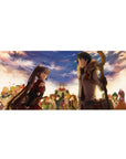 Anime festival scene desk pad 36x16 inches with twin-tailed girl and staff-wielding boy at sunset.