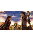 40x20 inches anime desk pad with festival crowd at sunset, twin-tailed girl and boy with golden staff.