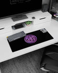 Anime mouse pad 28x12 inches featuring the Rinnegan symbol from Naruto on a cosmic purple nebula background.