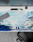 Anime mouse pad 40x20 inches with serene pastel scene, two figures on dock, surrounded by soft sunlight and petals.