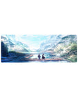 Anime mouse pad 32x12 inches featuring serene pastel scene with two figures on a dock, framed by falling petals.