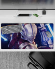 Crimson and silver anime mouse pad 32x16 inches, icy teal eyes and neon-blue glow for a tense sci-fi vibe.