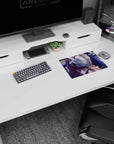 Armored hero drops into frame on 14x10 inches classic anime mouse pad, twin blue energy blades lit.