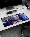 Helmeted armored hero dropping into frame on an anime mouse pad, 32x16 inches, dual neon-blue blades drawn.