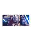 28x12 inches anime mouse pad with sleek armored hero in silver steel and crimson plates, teal eyes, energy blades.