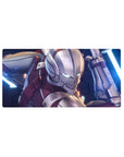 Sci-fi armored anime hero mouse pad desk mat, 32x16 inches, with neon energy blades and battleworn armor.