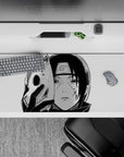 Anime desk pad 36x16 inches featuring ANBU Itachi from Naruto in black-and-white with a chipped fox mask and intense stare.