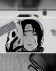 Itachi ANBU mouse pad, 40x20 inches, featuring black-and-white Naruto art with his chipped fox mask and intense stare.