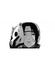 Itachi ANBU Naruto desk pad 36x16 inches, black-and-white design, featuring a haunting Itachi with a chipped fox mask.