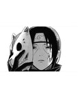 Itachi ANBU desk pad 40x20 inches from Naruto in black-and-white with chipped fox mask and intense stare.