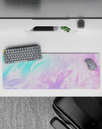 32x12 inches mouse pad with Iridescent Bliss design, capturing soft pastel pink and blue swirls and a crinkled texture for a soothing workspace look.