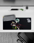 Sinon from Sword Art Online anime on 28x12 inch mouse pad, teal hair, intense gaze, red tracers, perfect for fans.