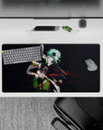 Sinon from Sword Art Online on a 32x16 inch anime mouse pad, featuring a dark backdrop, teal hair, and red tracer lines.