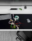 Sinon from Sword Art Online on 36x16 inch anime mouse pad with teal hair, red tracer lines and dark backdrop for gaming setup.