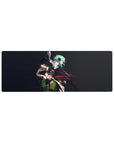 Anime mouse pad 32x12 inches featuring Sinon from Sword Art Online, teal hair and sniper sights against a dark backdrop.