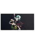 Sinon from Sword Art Online on 32x16 inch mouse pad, featuring teal hair, cold glare, and red tracer lines against a dark backdrop.