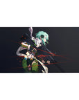 Sword Art Online desk pad 40x20 inches featuring Sinon with teal hair, red tracer lines, and sniper sights in action.