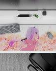 Blush pink and warm peach anime desk pad 36x16 inches, soft spring vibe with calm hazy sky tones.