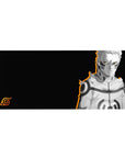 Naruto in Baryon Mode mouse pad, 36x16 inches, featuring grayscale and orange outline, with fiery Leaf symbol. Perfect for fans.