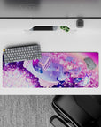 32x12 inches anime girl mouse pad in soft blue and pink-lilac tones with glowing butterflies, calm vibe.