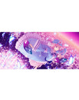 36x16 inches anime girl desk pad with frilly trim, glowing butterflies, and sparkly petal details.