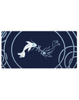 Mouse pad featuring Serene Koi Harmony, 32x16 inches, with koi fish swimming in a circular flow, embodying peace and harmony in calming blue and white.