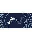 Desk pad featuring Serene Koi Harmony, 36x16 inches, with two koi fish in a circular flow, evoking peace and harmony with blue and white colors.