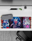 Anime mouse pad 32x12 inches featuring fierce masks, demonic tigers, and electric-blue warriors in bold colors.