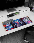 Anime mouse pad 32x12 inches featuring fierce masks, demonic tigers, and electric-blue warriors in bold colors.