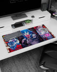 Anime mouse pad 32x16 inches with fierce masks, demonic tigers, electric-blue warriors in vivid reds and blues.