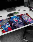 Anime desk pad featuring fierce masks, demonic tigers, and electric-blue warriors, size 40x20 inches, vibrant colors.
