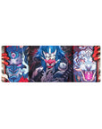 Anime mouse pad 32x12 inches featuring fierce masks, demonic tigers, and electric-blue warriors in bold colors.