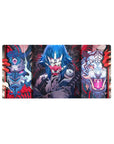 Anime mouse pad 32x16 inches, featuring fierce masks, demonic tigers, and electric-blue warriors in bold colors.