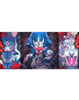 Anime desk pad 36x16 inches featuring fierce masks, demonic tigers, and electric-blue warriors in vibrant colors.