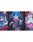 Anime desk pad featuring fierce masks, demonic tigers, and electric-blue warriors in vibrant colors, size 40x20 inches.