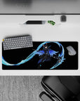 Anime girl mouse pad 32x12 inches in deep black with icy cyan glow, hex accents, and sleek cyber vibe.