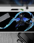 40x20 inches anime girl mouse pad in deep black with icy cyan glow, hex accents, and ninja vibe.