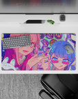 32x16 inches anime mouse pad in hot pink, icy blue, mint dots; loud candy chaos best-friend vibe.