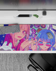 36x16 inches neon pink, icy blue, and mint dot anime desk pad with playful candy-chaos vibe.