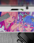 Hot pink, icy blue, and mint dot anime girl desk pad 40x20 inches with playful neon candy chaos vibe.