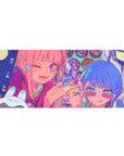 36x16 inches anime girl desk pad with two friends, stars, hair clips, vinyl circles, and Japanese text.
