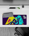28x12 inches neon anime desk mat in electric cyan and deep purple with bold yellow comic panel vibe.