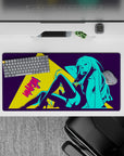 Neon cyan and deep purple anime desk mat 32x16 inches with loud yellow comic accents, daring vibe.